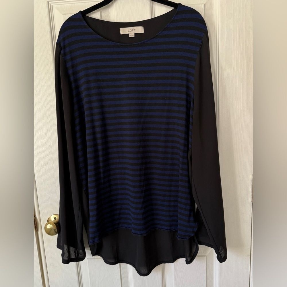 LOFT Black‎ and Blue Mixed Media Striped Blouse Size XXL
